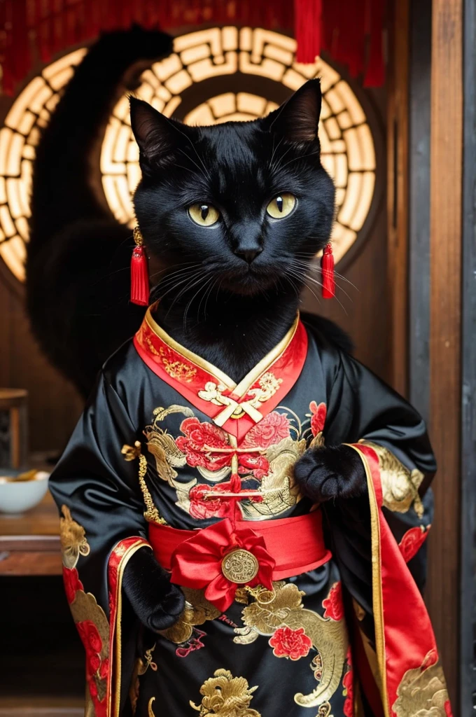 Black cat dressed in Chinese style clothes