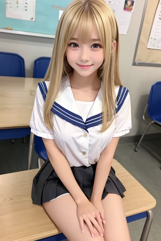 Her windblown blonde hair obscures her pretty face..、Bangs that flow between the eyes、Sexy big 、16 year old cute little smile、Shiny, bright, straight, super long blonde hair、Cute and beautiful long, smooth bangs covering the area between the eyes、Long, straight, silky hair、sexy and cute beautiful young girl、clear, white and Shiny skin、Shiny skin、Beautiful Face、Beautiful brown eyes that shine so brightly、Very big eyes、Small Face Beauty、Perfect beauty、（Full body 3：1）、（high school girl）、classroom、Sit on a desk、uniform、Sailor suit、Short skirt、Sexy shot、gravure、Get wet、 information