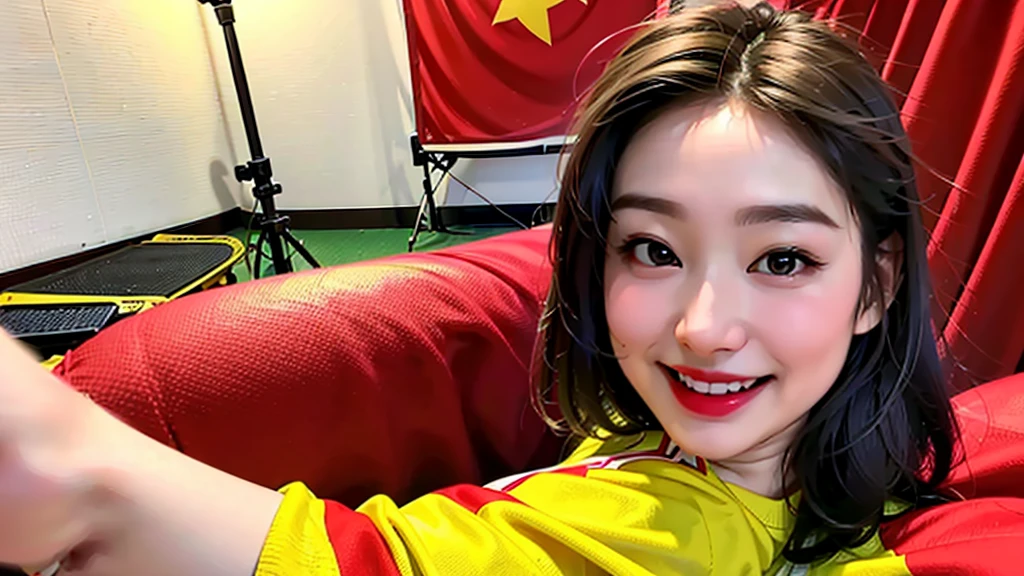 A beautiful girl inside a music studio , Vietnam flag t-shirt ( Red flag yellow star), High quality photos, HD, 4K