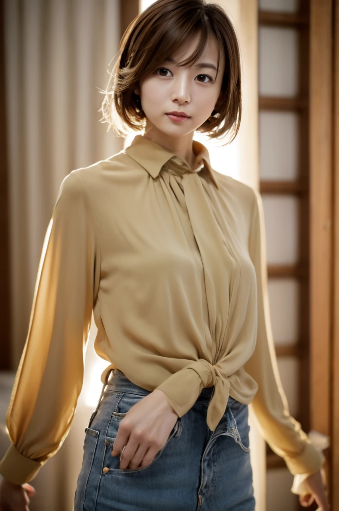 Top quality, realistic, perfect human body structure, very detailed, very delicate and beautiful, RAW photography, professional lighting, luminescence, depth of field, single focal, full body, Skinny Japanese lady, 30 year old lady, brown hair, small head, beautiful eyes, real face, realistic skin, detailed eyes, (fashionable hairstyle:1.3), sexy pose, absurderes, Incredibly Ridiculous res, Extremely fine, Blouse