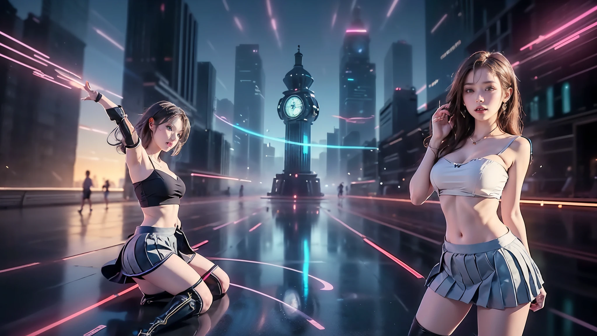 At night, (((aerial view of futuristic sci-fi cyberpunk city, skyscrapers, (((flying cars))), (vortex-spirit-spreading giant hologram (((clock tower))) as time machine), high quality))). Matrix style, (1girl, solo), photo realistic, (((large-breast:1.2 slim body, cleavage:1.3, perfect face, tube top, short pleated (((miniskirt)))))), (((((matrix style black (sunglasses), aiming at viewer with a (mini rifle):0.3))))), (((dynamic pose, half-body (thigh level) medium shot))), cinematic lighting.