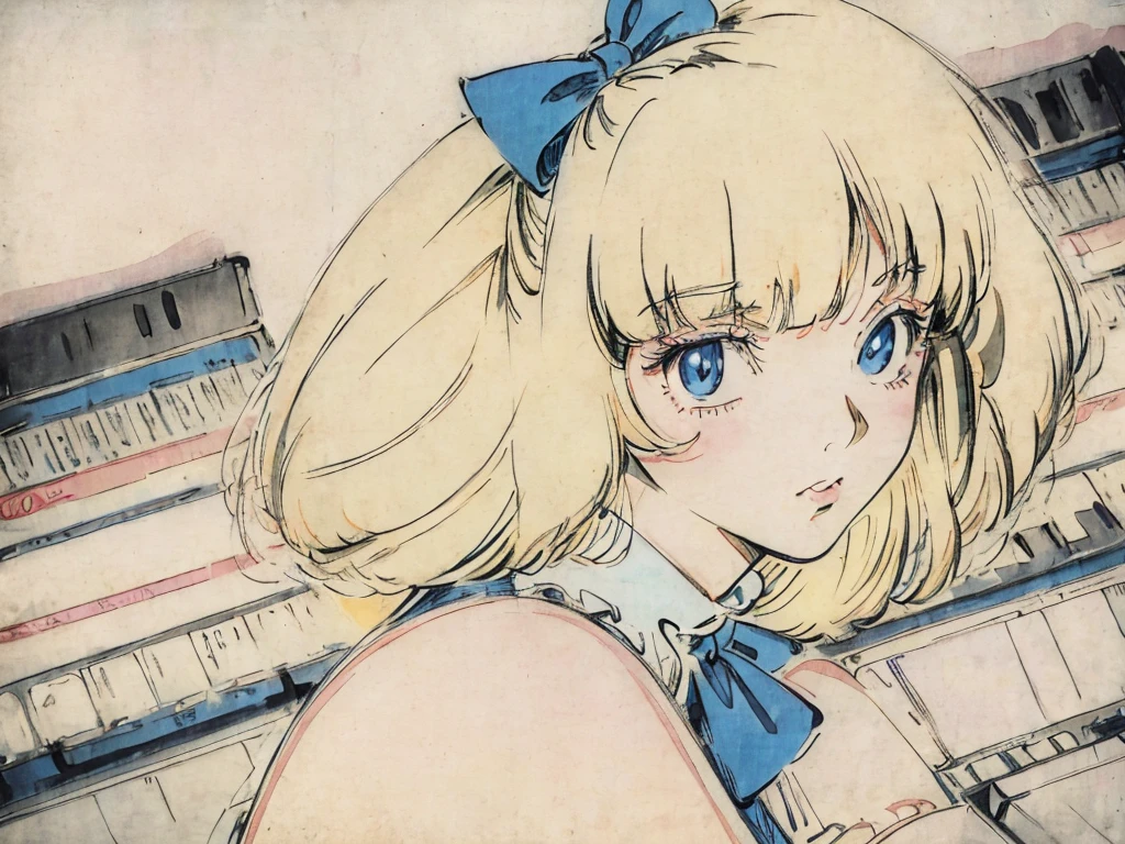 80s anime, 80s Vintage Animation, Desaturate, Increase contrast, The outline is rough, like a pencil drawing., Set the lines a little thicker, look back, Slanted Eyes, Low nose, Blonde, ribbon, Alice in Wonderland-inspired girl, ta Fashion, pale colour, magic,