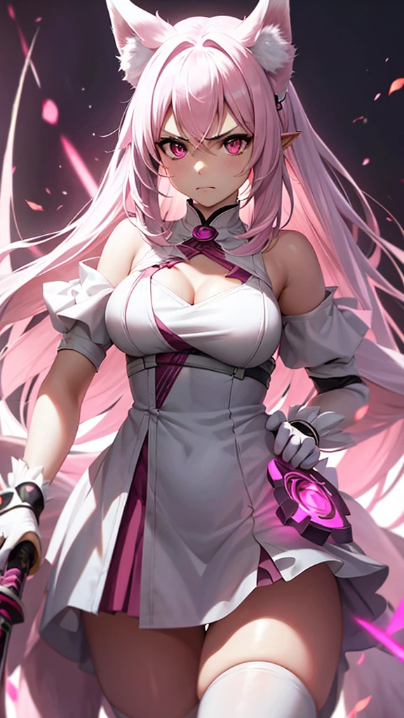 An adult woman, half fox, pink and white ears, pink and white hair, pink eyes, little white and black dress, wide breasts, very angry, holding a sword