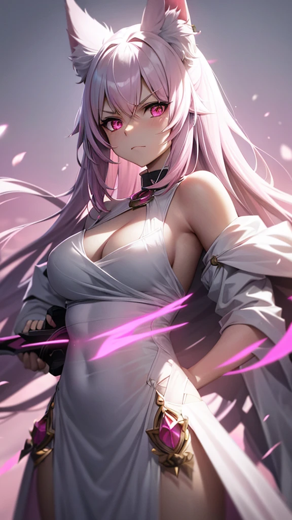 An adult woman, half fox, pink and white ears, pink and white hair, pink eyes, little white and black dress, wide breasts, very angry, holding a sword