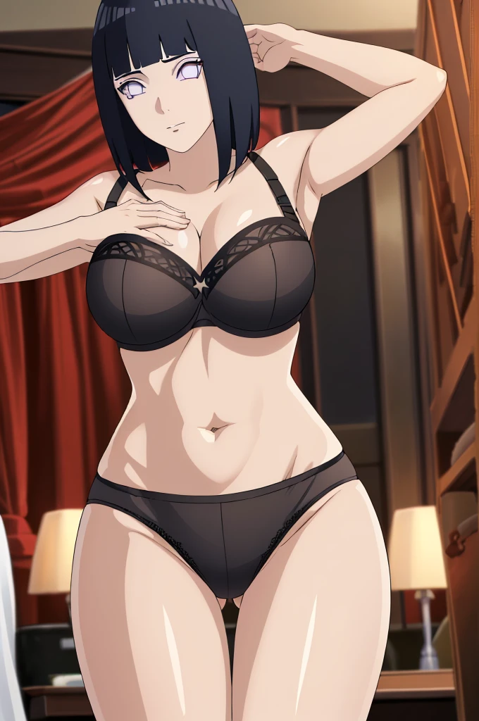 masterpiece, absurdres , (intricate details), (colorful),cinematic lighting,extremely detailed CG unity 8k wallpaper ,hinata\(boruto\), 1girl,solo, large breasts, (hinata, hyuuga hinata, purple eyes, blunt bangs, black hair) big breasts, perfect breasts, large breasts, round breasts, sexy body, slim waist, nice hips, skinny, nice thighs, black bra, cleavage, bare shoulders, collarbone, tight bra, underboob, slim waist, red bikini, hands behind head, background, photoshoot, body shot, white backdrop, perfect eyes, glowing eyes, beautiful eyes