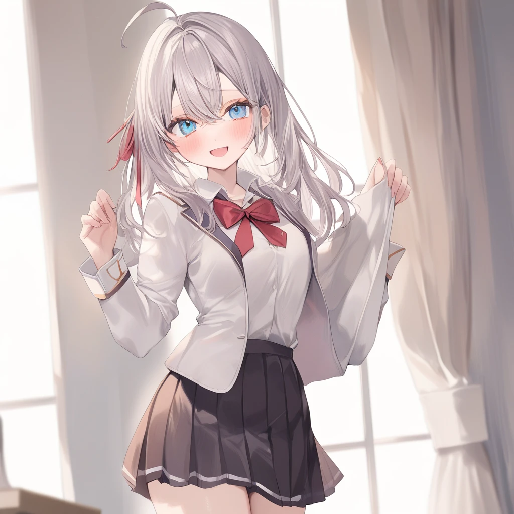 ((best quality, high resolution)), (delicate illustration), (pastelcolor:0.6), (watercolor:0.3), ((beautiful:1.3)), 4k, 1 girl, tareme, cute, (happy), long hair, blue eyes, grey hair, hair between eyes, bangs, ahoge, , open jacket, collared shirt, red bow, long sleeves, pleated skirt, hair ribbon, red bowtie, white shirt, beige blazer, ((White thighhighs:1.5)),zettai ryouiki, (lift skirt), (()), (((Well designed White Lace panties))), Long Hair with Feathered Ends, (cowboy shot), in the classroom,