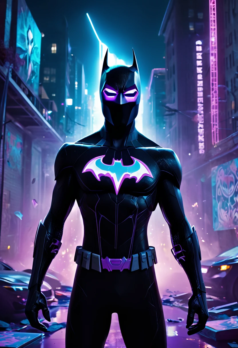 (Masterpiece artwork, 8K, uhd, high resolution: 1.4), stylized portrait of Batman not in Spider-Verse style, (black costume with neon blue and purple details: 1.3), (mask with glowing white eyes: 1.2), (floating cover with light effects: 1.3), (Dynamic and heroic pose: 1.2), (background with Gotham city in graphic and vibrant style: 1.1), (comic and graffiti elements around: 1.2), (dark and electrifying atmosphere: 1.3), Intricate, stylized details, (fantasy and action elements: 1.2), (dynamic and immersive perspective: 1.3)