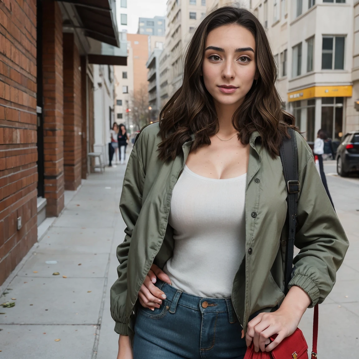 Extremely busty thin and toned brunette photographer, college girl, fair skin, loose side sweep, soft face, athletic, tight olive green casual windbreaker, skinny jeans. standing in front of her apartment building, outdoors, city, camera bag, shoulder strap