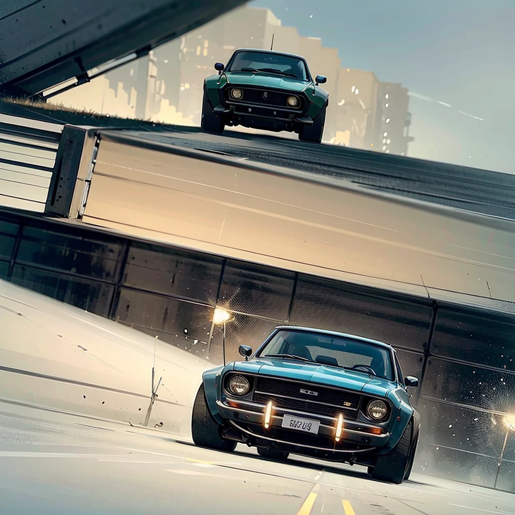 wide angle view of a green 1974 ford mavrick,(((chrome rims))), classic american muscle car, detailed engine,highly detailed exterior, chrome accents, glossy black paint, realistic lighting, dramatic composition, cinematic angle, photorealistic, 8k, best quality, masterpiece