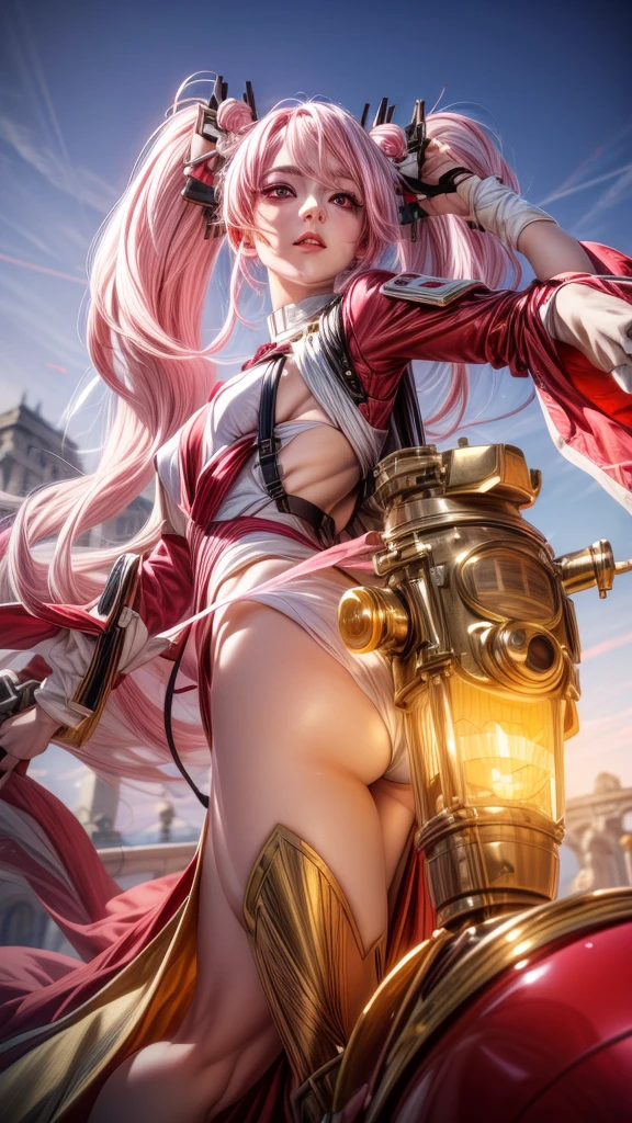 Best quality, masterpiece, very high resolution, (photorealistic: 1.4), 1 girl wearing red clothes, pink eyes, white pink hair, professional flash, sharp focus, deep shadows, (