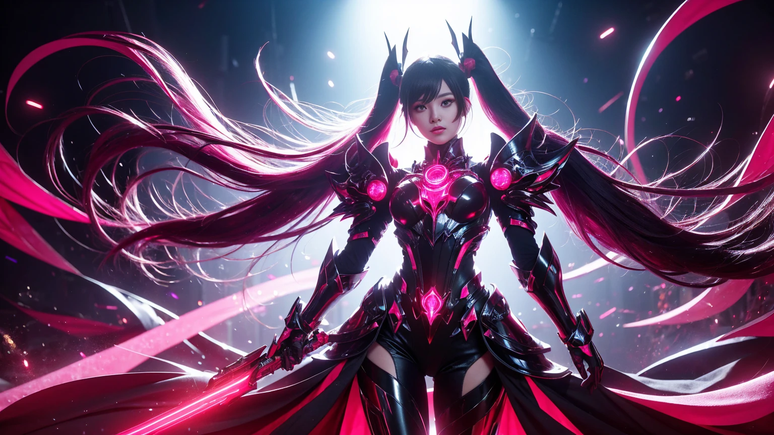 striking female character with a futuristic, sci-fi aesthetic. She has long, flowing hair that transitions from black at the roots to a vibrant purple at the tips, styled in twin ponytails. Her outfit is a high-tech, form-fitting armor in black and metallic tones, with glowing pink and red accents. The armor is intricately designed with multiple layers and circular light elements. The background suggests a high-tech environment, possibly a futuristic city or space station, with cool lighting and metallic structures. The character's expression is calm and confident, adding to her imposing and powerful presence.