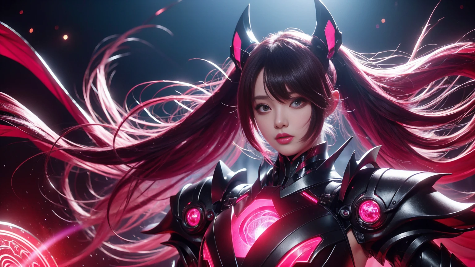 striking female character with a futuristic, sci-fi aesthetic. She has long, flowing hair that transitions from black at the roots to a vibrant purple at the tips, styled in twin ponytails. Her outfit is a high-tech, form-fitting armor in black and metallic tones, with glowing pink and red accents. The armor is intricately designed with multiple layers and circular light elements. The background suggests a high-tech environment, possibly a futuristic city or space station, with cool lighting and metallic structures. The character's expression is calm and confident, adding to her imposing and powerful presence.