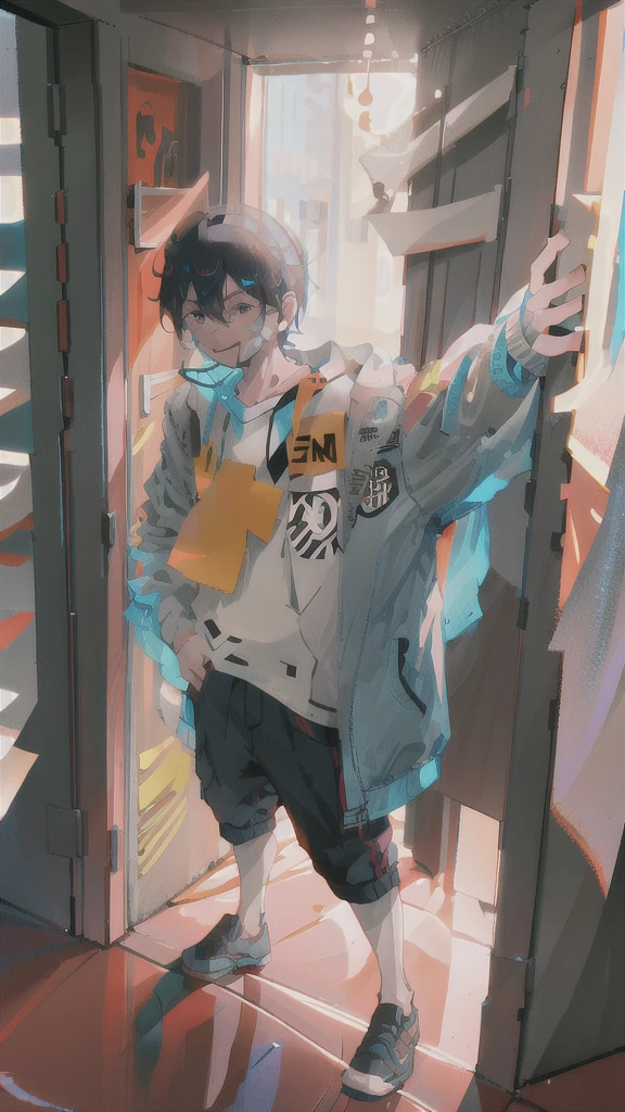 There is a male character standing with his back to a door, the door is open, low and saturated, dressed in a detective outfit, half-turning back, a slight smile, unburned papers scattered on the floor, a small amount of burning smoke in the air, the sun shining inside the door, the door is only red, the picture is pristine, dressed in a shirt, the jacket resting on his right hand, and he opens the door with his left hand