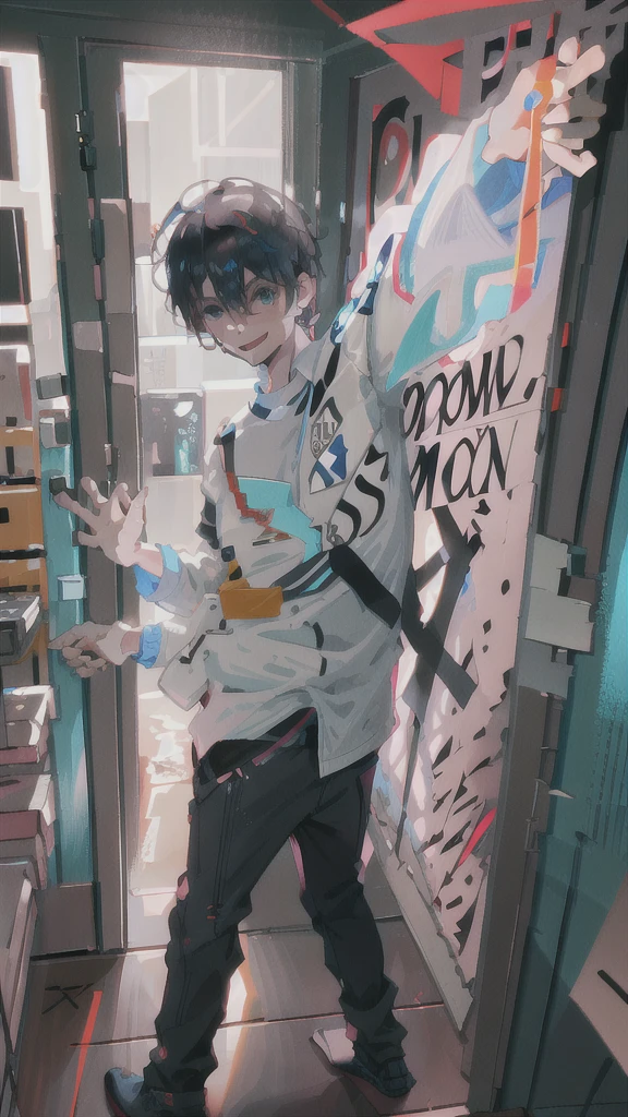 There is a male character standing with his back to a door, the door is open, low and saturated, dressed in a detective outfit, half-turning back, a slight smile, unburned papers scattered on the floor, a small amount of burning smoke in the air, the sun shining inside the door, the door is only red, the picture is pristine, dressed in a shirt, the jacket resting on his right hand, and he opens the door with his left hand