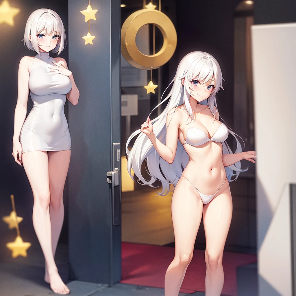 White haired white anime girl smiling blushingly without clothes