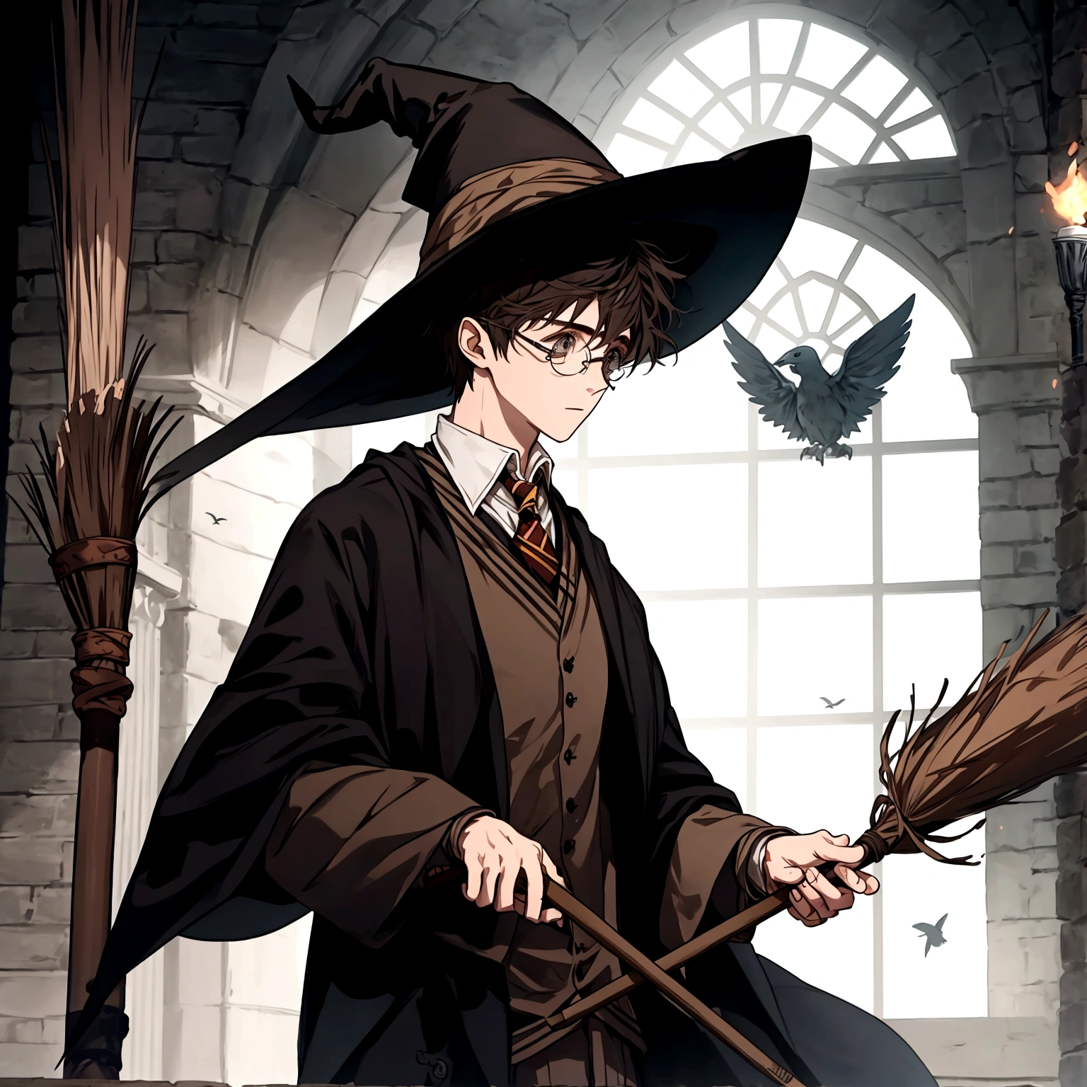 A boy wearing Harry Potter clothing and holding a flying broom, with a pointy hat