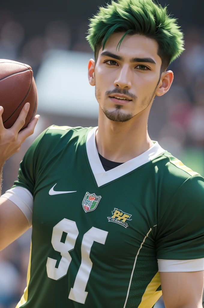 Man with medium-short green hair with big nose playing football