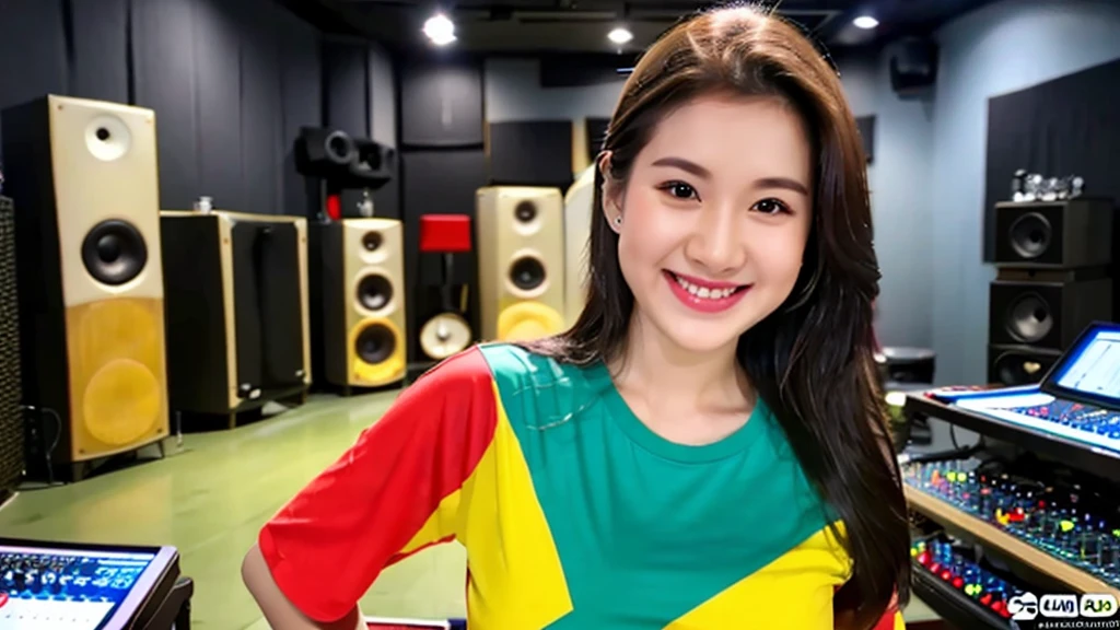 A beautiful girl inside a music studio , Vietnam flag t-shirt, High quality photos, HD, 4K