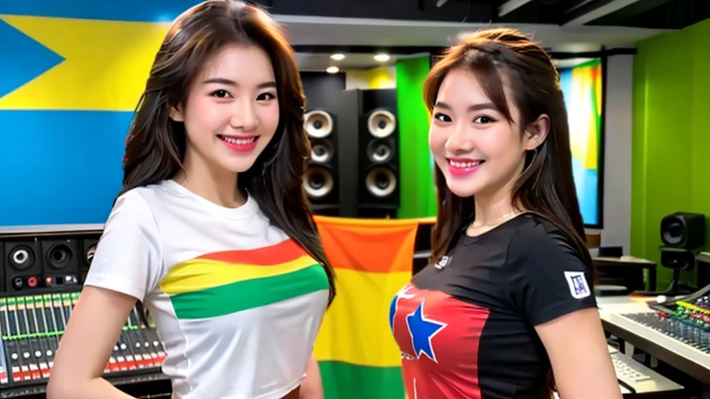 A beautiful girl inside a music studio , Vietnam flag t-shirt, High quality photos, HD, 4K