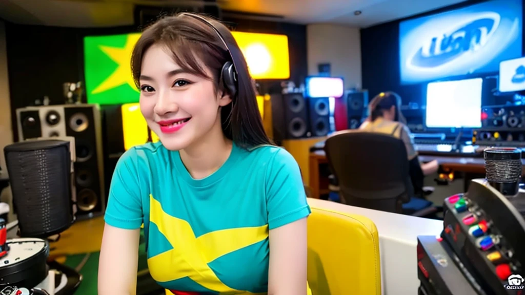 A beautiful girl inside a music studio , Vietnam flag t-shirt, High quality photos, HD, 4K