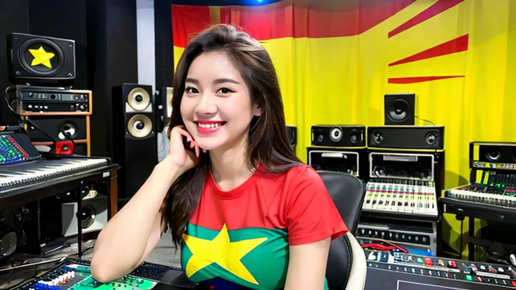 A beautiful girl inside a music studio , Vietnam flag t-shirt, High quality photos, HD, 4K