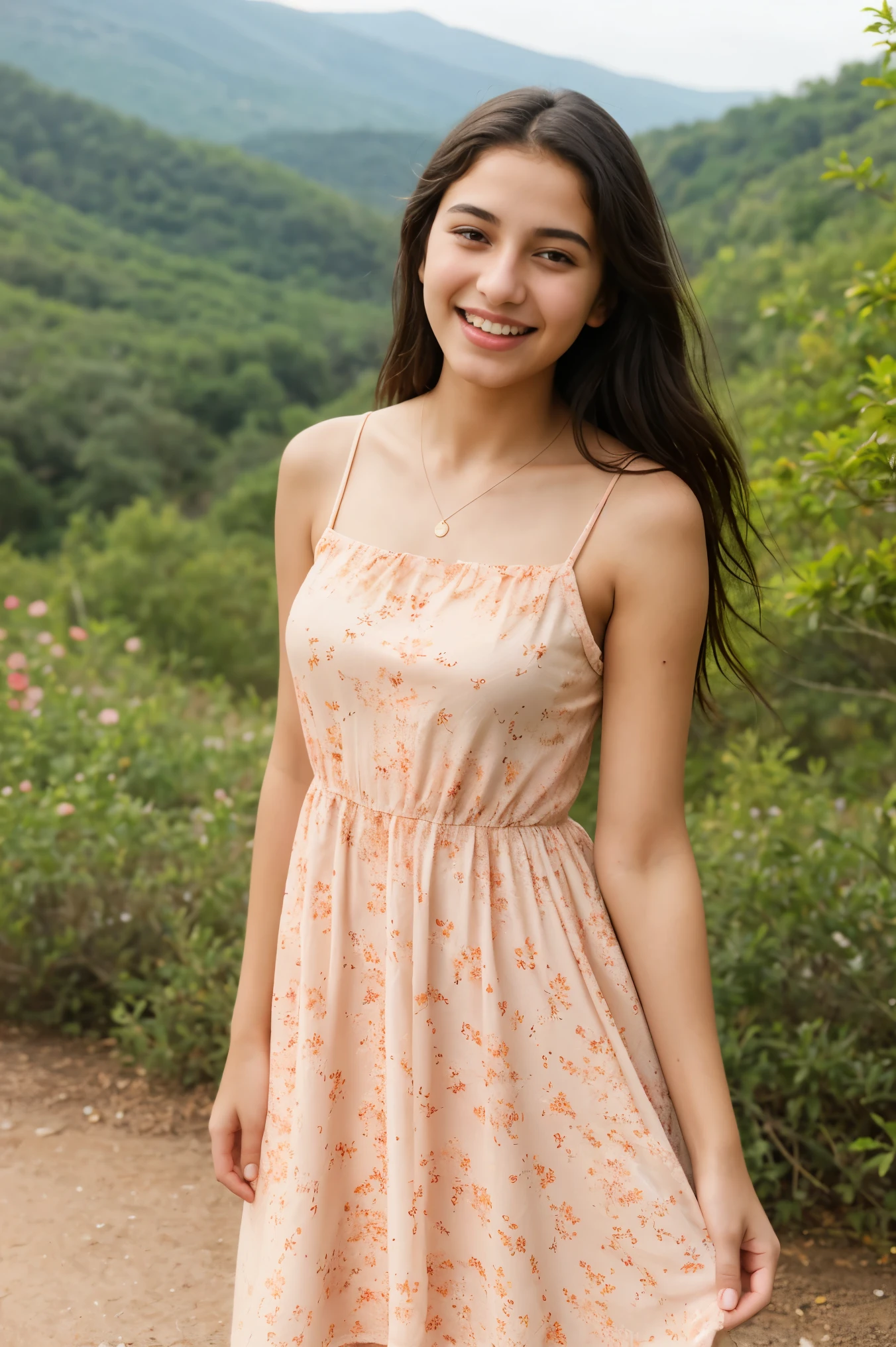 14 years old girl named Mouni, wearing sundress, bokeh, perfect body, closeup full body photo taken on i phone, ((Realistic: 1.2)),Ultra Realistic, ultra HD, ((peach color Sundress dress)), (floral Dress)), laughing, Beautiful smile, picnic, park,wet white camisole, Mountain trail, barefoot, without makeup