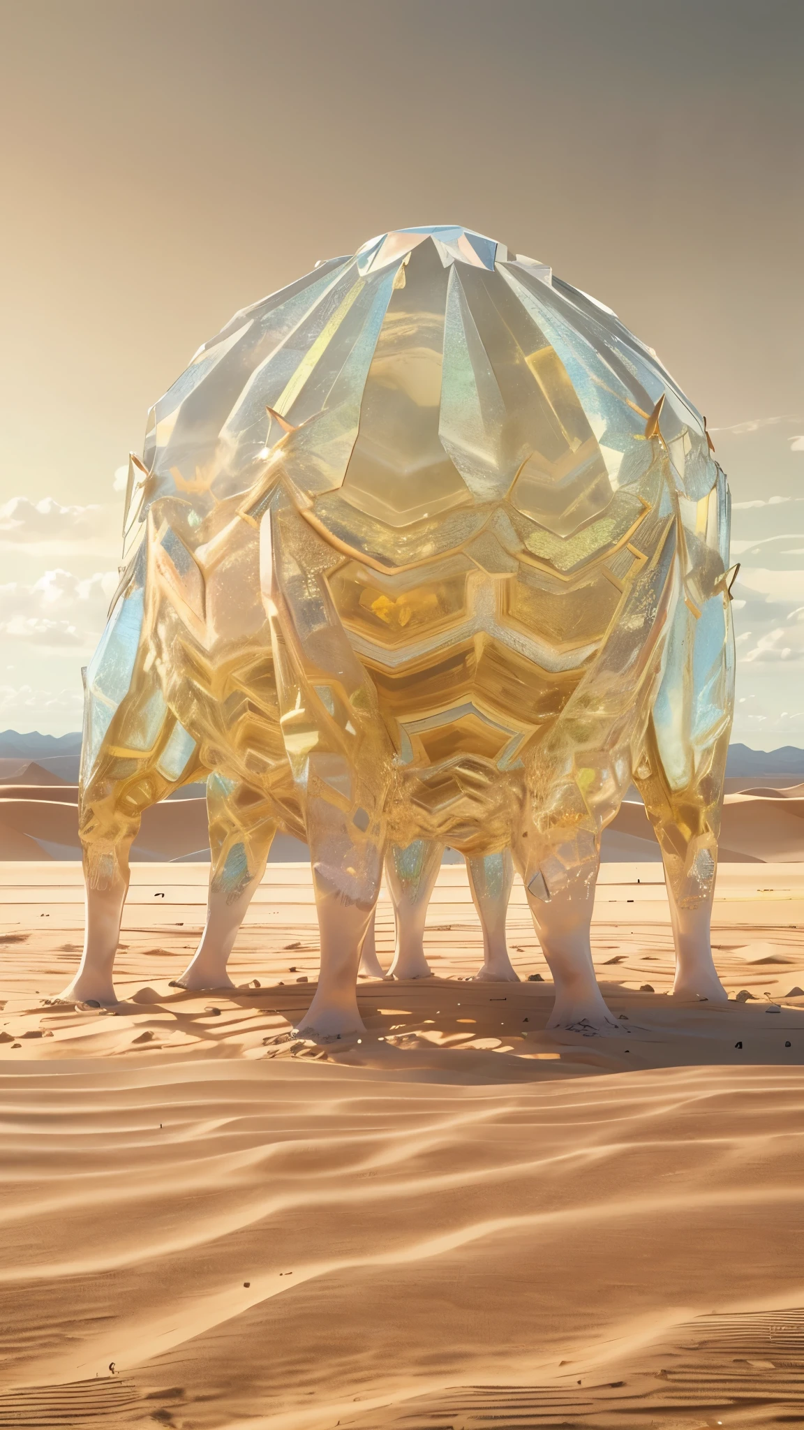 a gigantic transparent crystal creature on four legs, walking through a desert, mystic and simple design, no face, no nose, no mouth, no eyes, dynamic point of view, rising sand effects, (best quality,4k,8k,highres,masterpiece:1.2),ultra-detailed,(realistic,photorealistic,photo-realistic:1.37),detailed desert landscape, warm lighting, vibrant colors