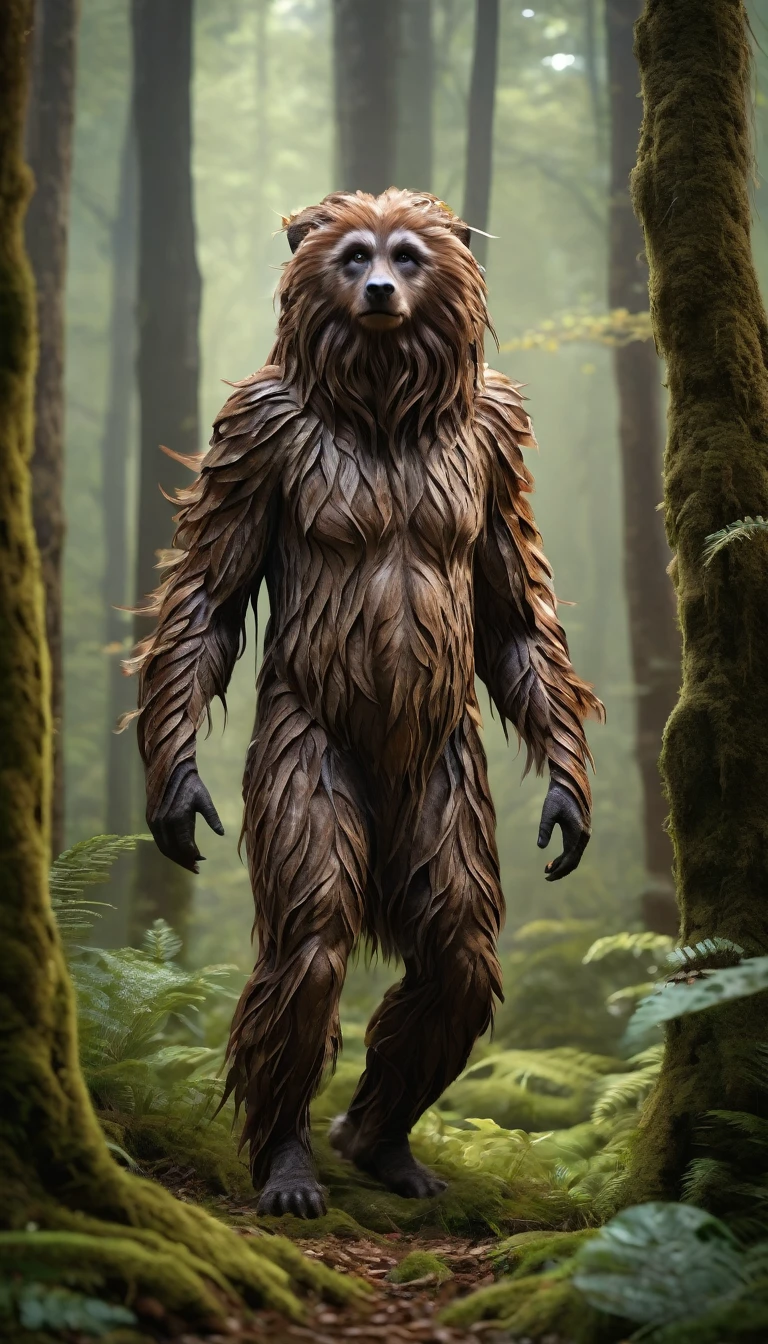 There is a creature in the forest,Human-like appearance,The whole body is covered with brown hair(best quality,4K,8K,High level,masterpiece:1.2),Ultra Detailed,(lifelike,Photo real,Photo real:1.37),Highly detailed animals,Complex patterns,Realistic lighting,Fantasy Creatures
