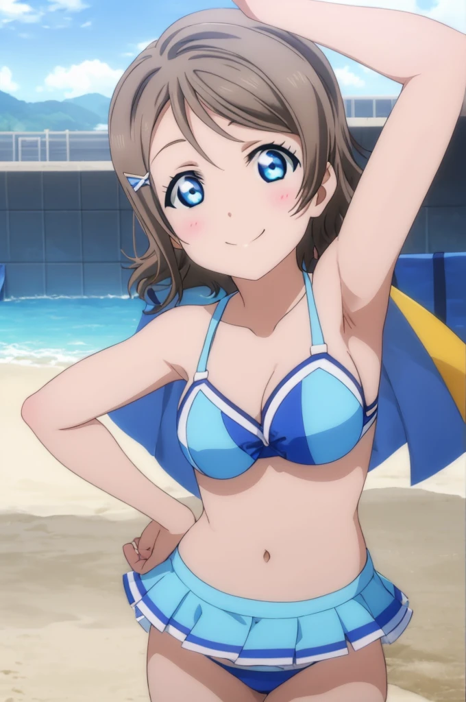 (((pixel-perfect, detail-perfect))), solo, 1girl, you watanabe, eyes azzur, smile, bikini, summer beach, armpit, big filesize, ultra High Qality