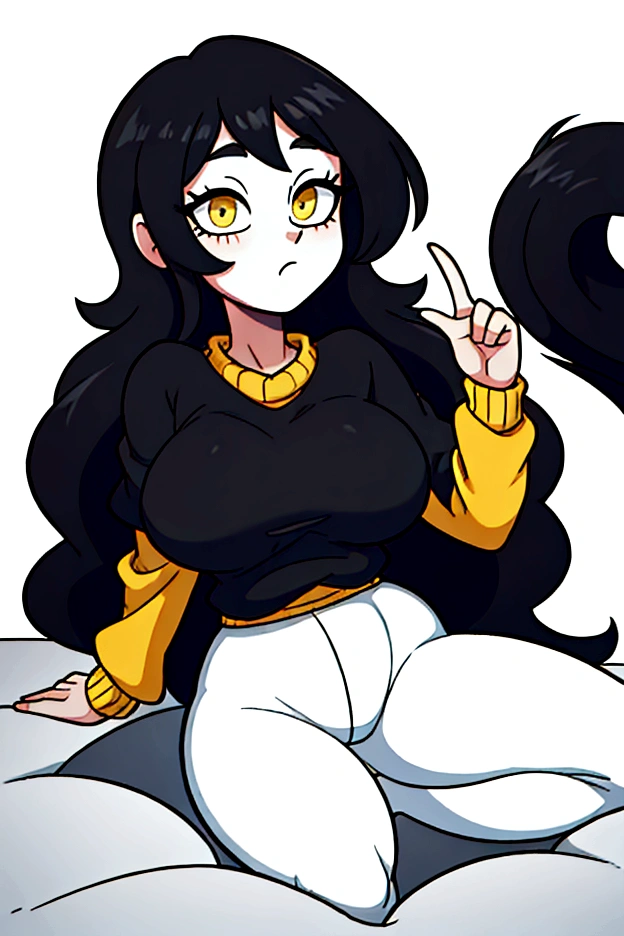 cool posee,Score12, black hair, long hair,yellow sweater,voluptuous