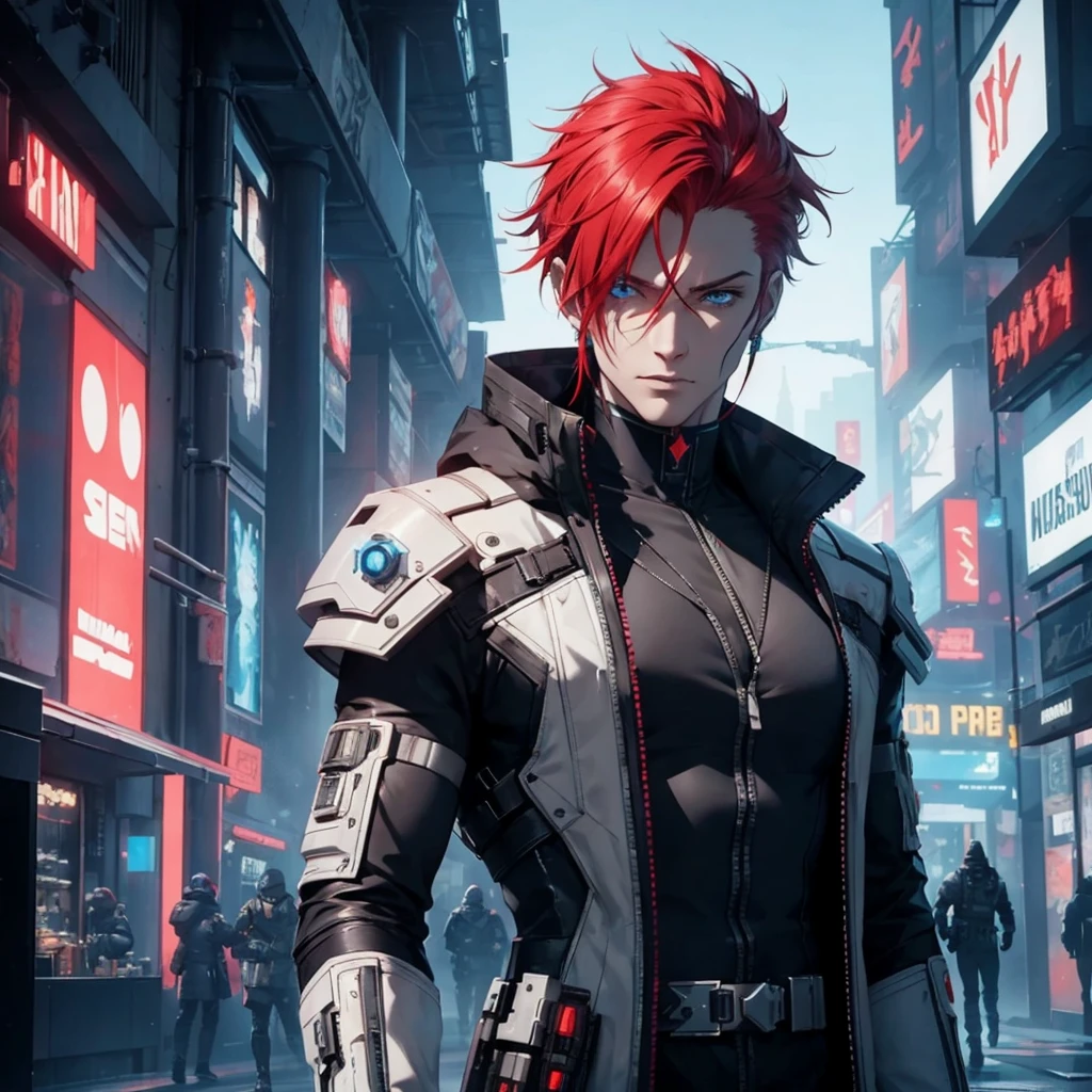 a futuristic cyberpunk man with red hair and blue eyes,1 man,detailed cyberpunk outfit,detailed facial features,detailed red hair,detailed blue eyes,cinematic lighting,dramatic camera angle,highly detailed,hyper realistic,unreal engine,8k, masterpiece