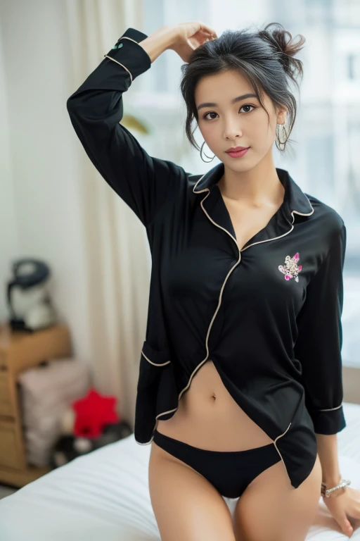 top Quority,Ultra-clear resolution, ((Beautiful Chinese aunt). Body. Sexy. Slim. Thin. Captivating. Natural face. No lipstick. Messy Bun. ( no Earrings-Earrings).
((Micro panties)), ((breasted button-up. Black pajama sleep shirt)), long legs_full body. Pose.erotic. sit down. On bed