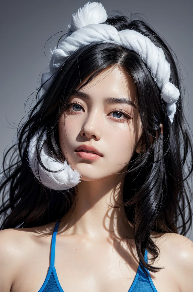 20-year-old woman, Black-haired, high contrast (Natural skin texture, Hyperrealism, Soft Ligh, sharp), high resolution, blue sport wear, pov, full body