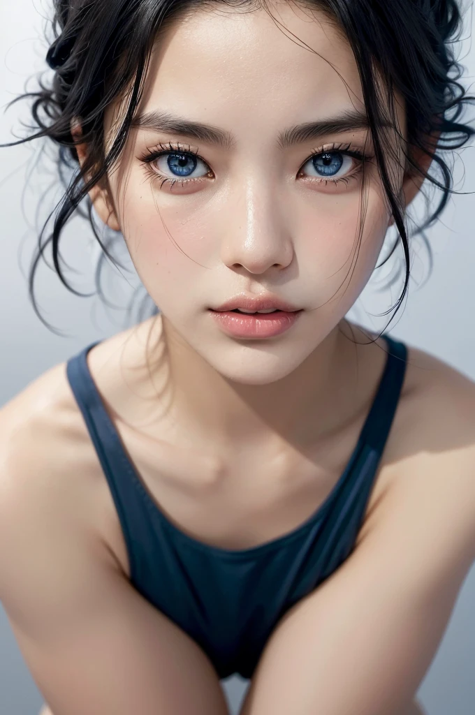 20-year-old woman, Black-haired, high contrast (Natural skin texture, Hyperrealism, Soft Ligh, sharp), high resolution, blue sport wear, pov, full body