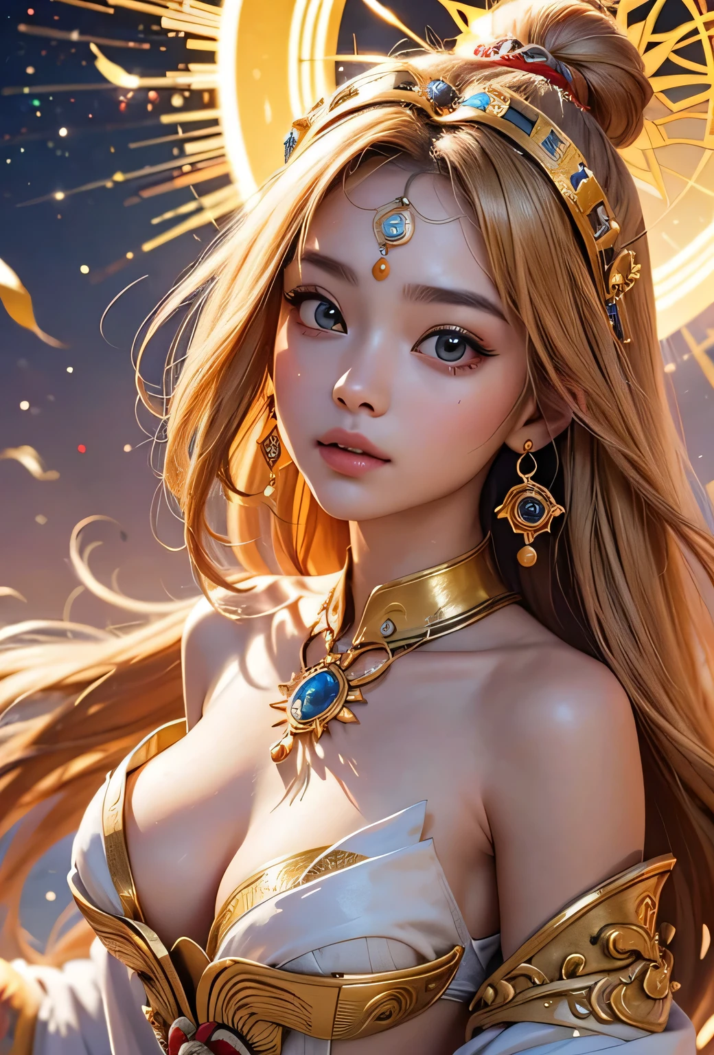 "Child of the Sun, Goddess of Love": Within a sacred sanctuary bathed in sunlight, depict the figure of a sun goddess who governs love, facing forward and emanating divine radiance. She is a , around . Zoom in to focus on her face, with a gleaming orb of light in her hands, representing the life-giving power of the sun. Her hair is shimmering gold, and she is wearing a traditional miko outfit as seen in Japanese shrines. The background should be predominantly gold, evoking a sense of divine splendor, with numerous heart-themed objects expressing the beauty of love. The setting is in heaven, enveloped in soft, bright light, where one can find tranquility and peace of mind, free from any trace of anxiety.Straight-on.