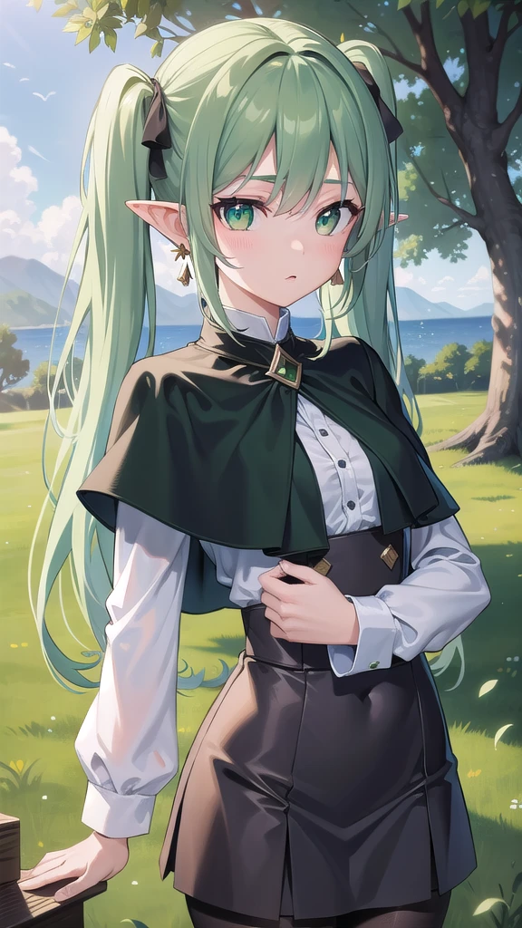 frieren, frieren, long hair, twintails, (green eyes:1.5), grey hair, pointy ears, elf,
BREAK shirt, long sleeves, jewelry, pantyhose, earrings, striped, black pantyhose, capelet, striped shirt,
BREAK looking at viewer, upper body, full body,
BREAK outdoors, sky, nature,
BREAK (masterpiece:1.2), best quality, high resolution, unity 8k wallpaper, (illustration:0.8), (beautiful detailed eyes:1.6), extremely detailed face, perfect lighting, extremely detailed CG, (perfect hands, perfect anatomy),