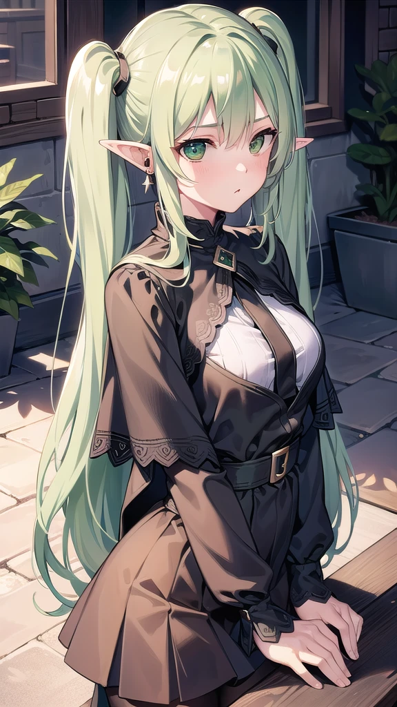 frieren, frieren, long hair, twintails, (green eyes:1.5), grey hair, pointy ears, elf,
BREAK shirt, long sleeves, jewelry, pantyhose, earrings, striped, black pantyhose, capelet, striped shirt,
BREAK looking at viewer, upper body, full body,
BREAK outdoors, sky, nature,
BREAK (masterpiece:1.2), best quality, high resolution, unity 8k wallpaper, (illustration:0.8), (beautiful detailed eyes:1.6), extremely detailed face, perfect lighting, extremely detailed CG, (perfect hands, perfect anatomy),