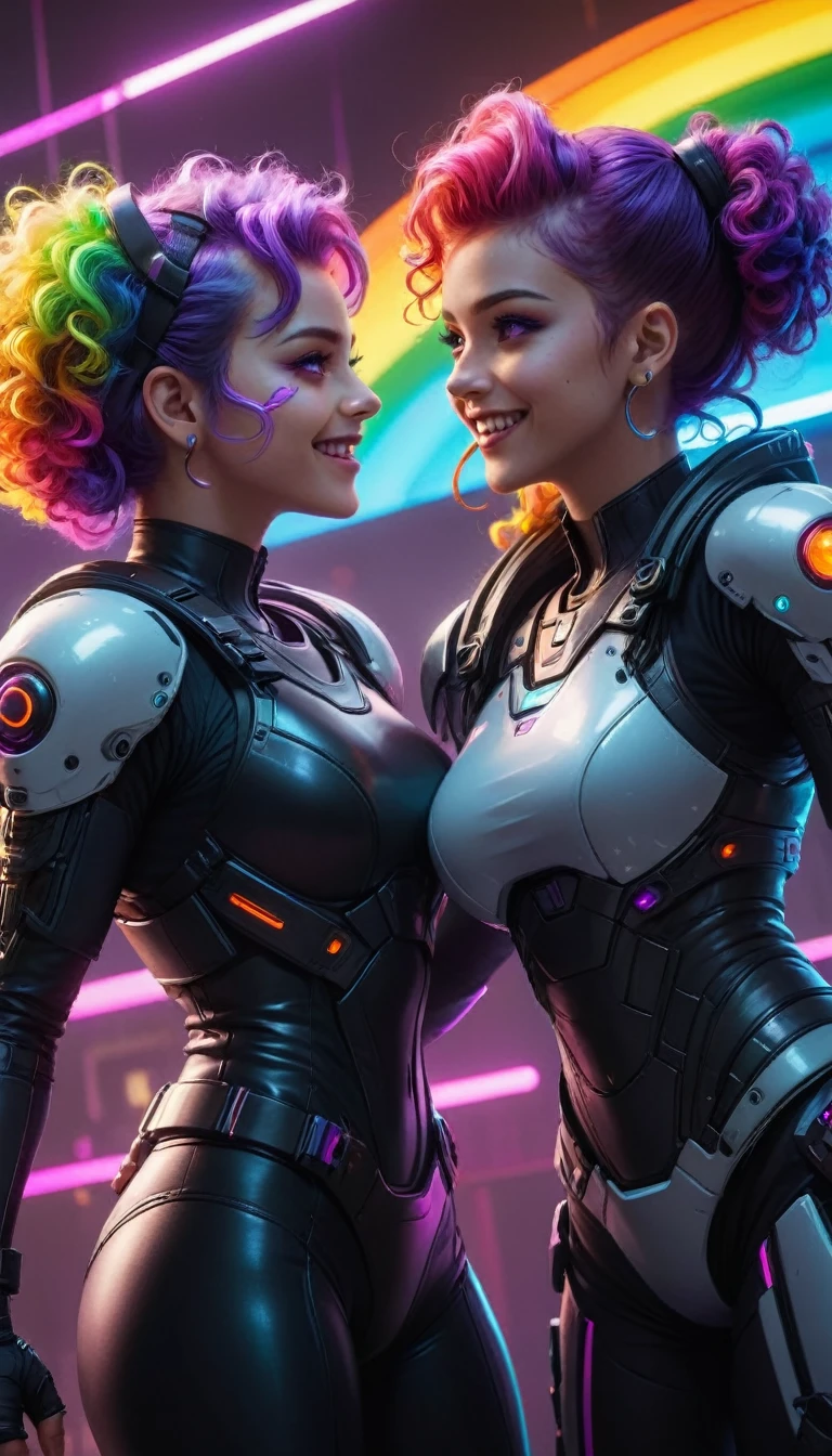two young women fighting, cyberpunk, neon lighting, multicolored hair, multicolored hair, rainbow hair, curly hair, purple hairband, bloodshot eyes, smile, determined, crazy smile, Futurism, backlighting, character chart, from side, UHD, masterpiece, 8k