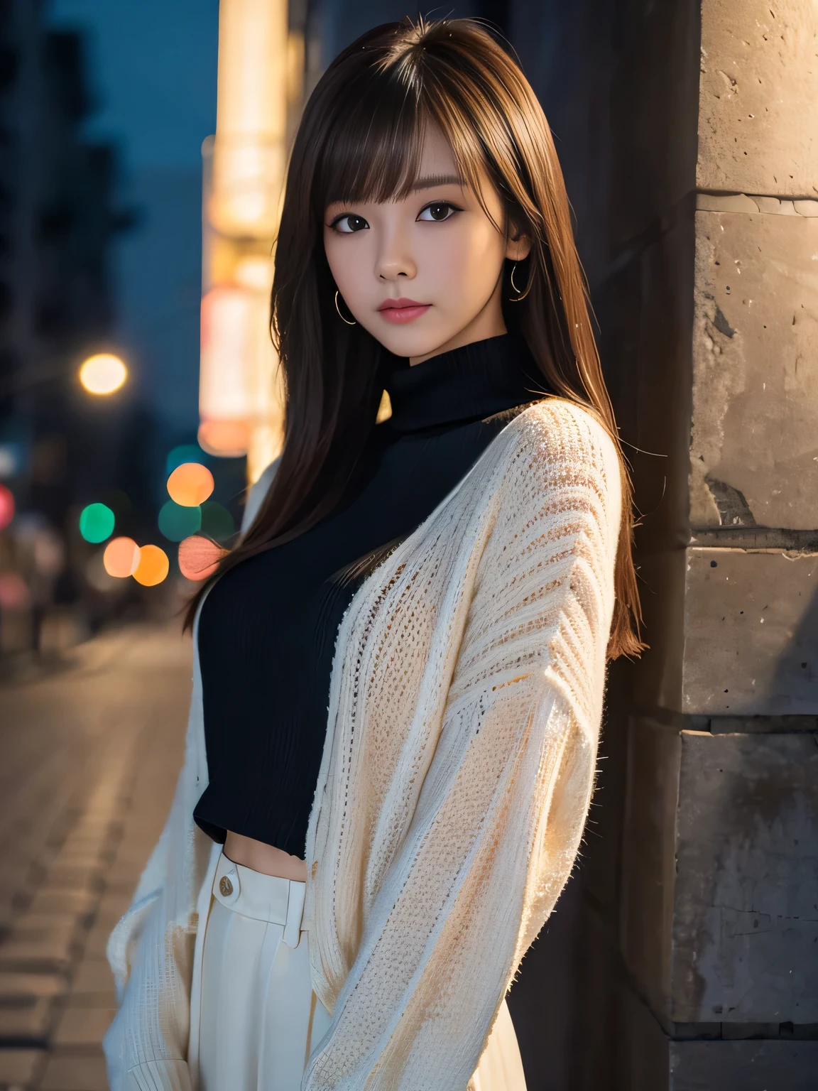 masterpiece, 1 beautiful girl, detailed eye, Puffy eyes, top-quality, high resolution, (Realisticity: 1.4), cinematlic lighting, Asian Beauty, Korea idol, Super beauty, Beautiful skin, slender, (A hyper-realistic), (hight resolution), (8K), (ighly detailed), (beautifully detailed eyes), (ultra-detailliert), (wall), detailed face, Bright lighting, profetional lighting, looking at viewert, Facing straight ahead, Black knitwear, oblique bangs, nighttime scene, Brown hair, age19, tall,