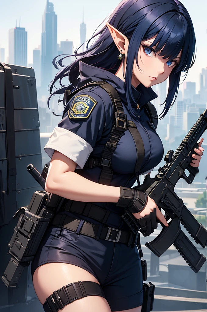 Create a high-quality image featuring an elf girl with dark navy-blue hair and straight-cut bangs. She is a member of a special forces police unit. She has a large red earring on her right ear and is holding an assault rifle. The background should feature a city inside a dome, with a black armored vehicle beside her.
