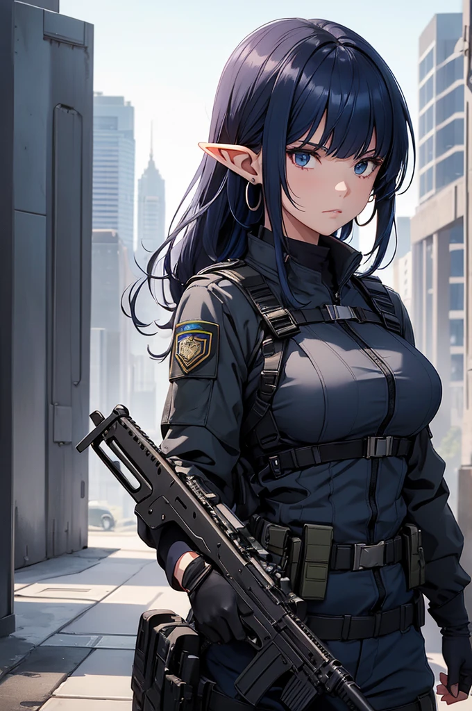 Create a high-quality image featuring an elf girl with dark navy-blue hair and straight-cut bangs. She is a member of a special forces police unit. She has a large red earring on her right ear and is holding an assault rifle. The background should feature a city inside a dome, with a black armored vehicle beside her.