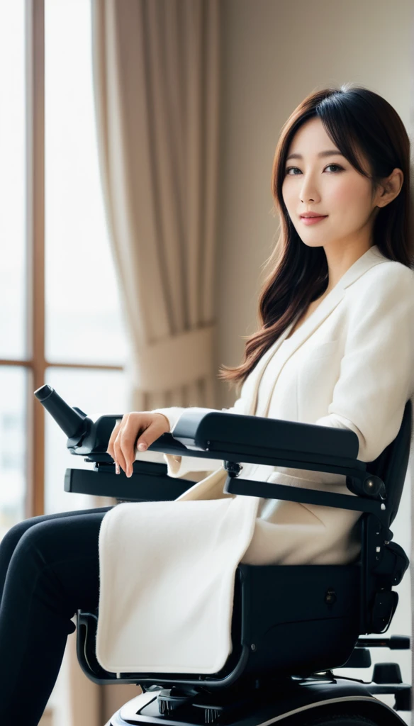 A beautiful 30-year-old Japanese woman in a luxurious electric wheelchair on a fluffy white sofa.