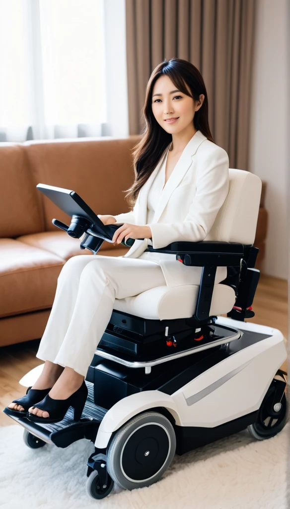 A beautiful 30-year-old Japanese woman in a luxurious electric wheelchair on a fluffy white sofa.