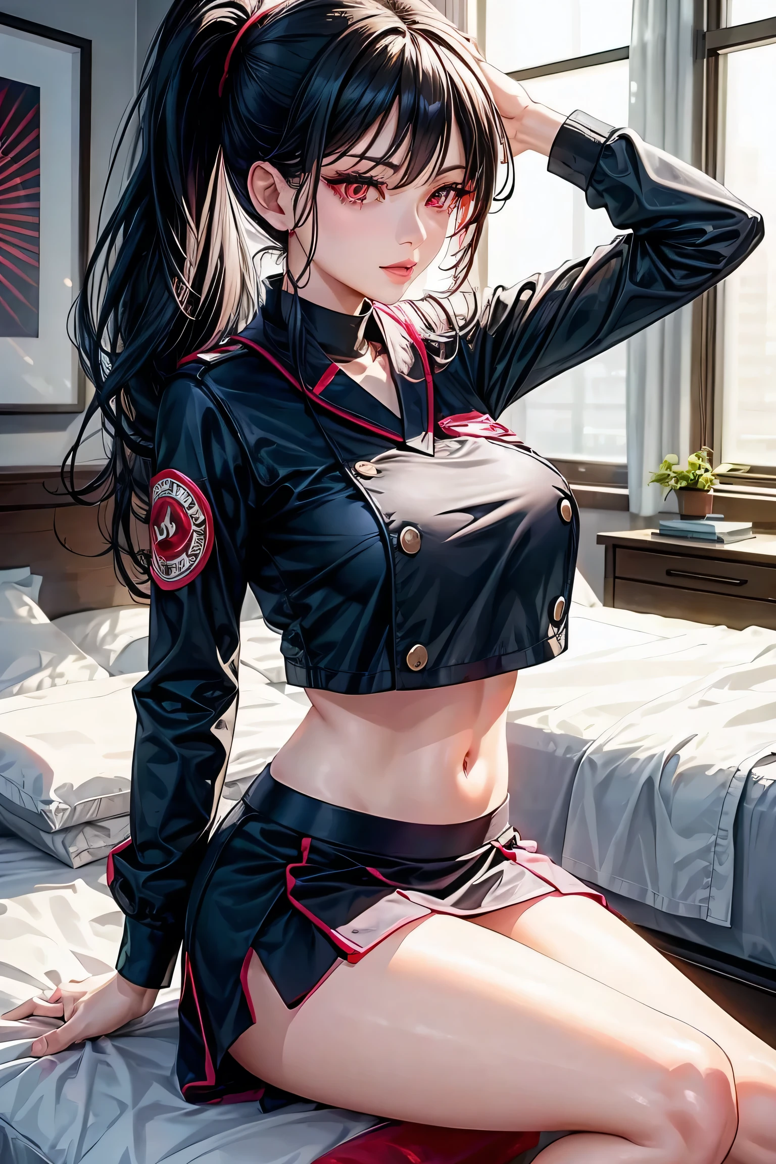 woman, sexy woman, female, mommy, black hair, red eyes, detailed eyes, detailed lips, big breasts, midriff peek, doctoruniform, sit with crossed legs, bedroom, evil smile, seductive lips, looking back crop top overhang, adjusting hair, pony tail, skirt