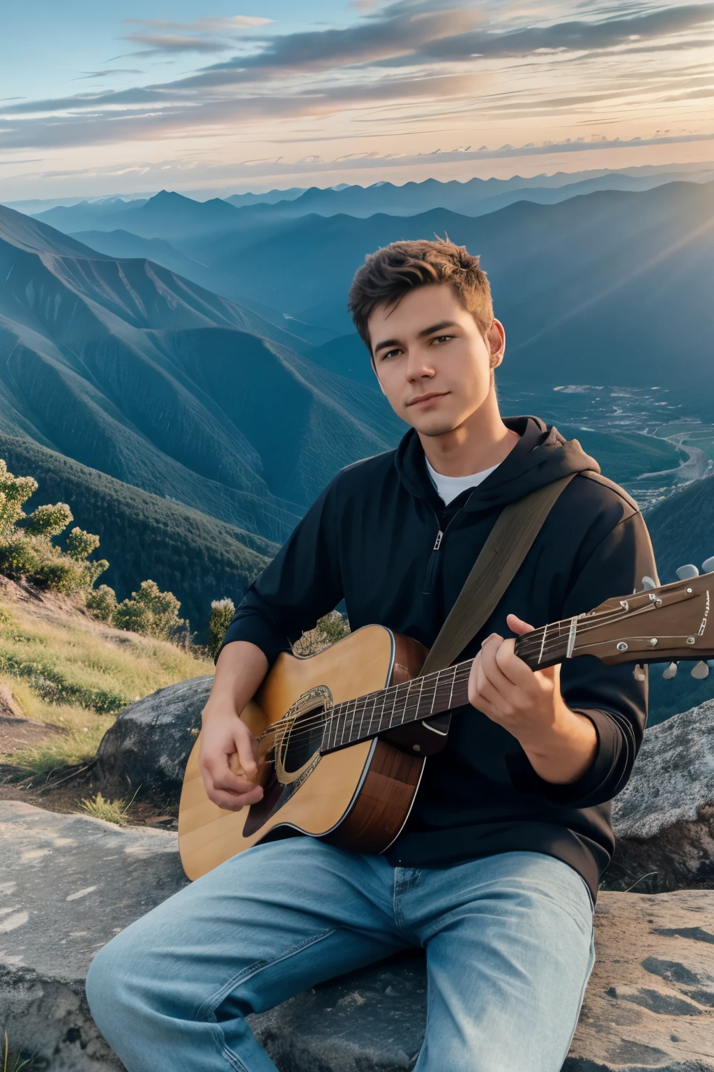 "A adult boy sitting on a mountain, playing a guitar, with scenic hills in the background."
With taital He Suva 





