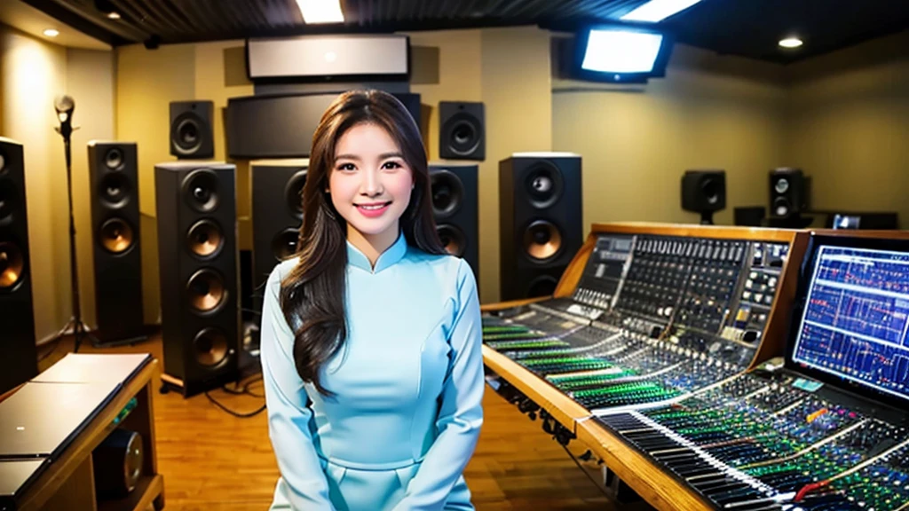 A beautiful girl inside a music studio , Wear Vietnamese Ao Dai, High quality photos, HD, 4K