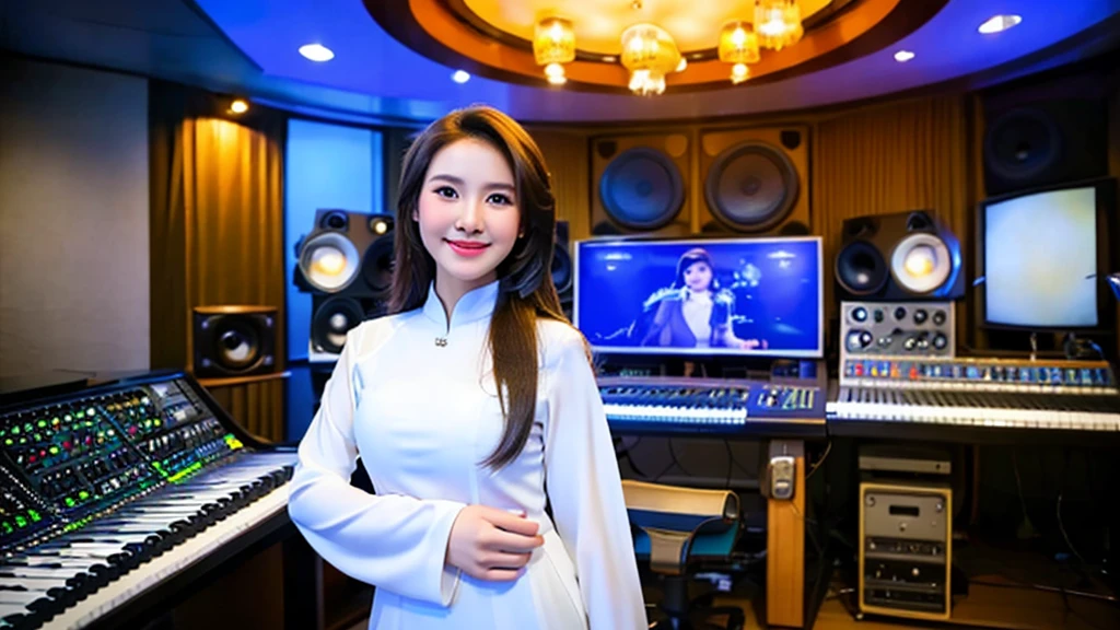 A beautiful girl inside a music studio , Wear Vietnamese Ao Dai, High quality photos, HD, 4K