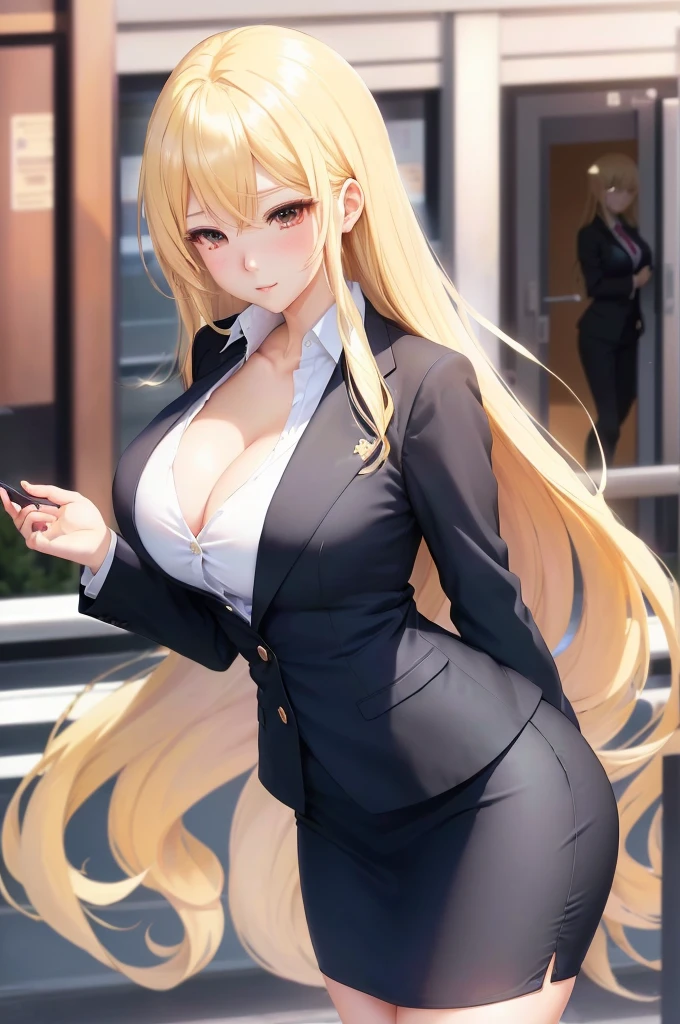 Anime girl in a business suit, blonde anime girl with long hair, Enchanting anime girl, (SFW) Safe at Work, In a strict suit, Dressed in a strict suit, Naughty anime style, anime waifu, Attractive anime girl, I also make fan art, Smooth anime CG art, chic, On pixiv, 