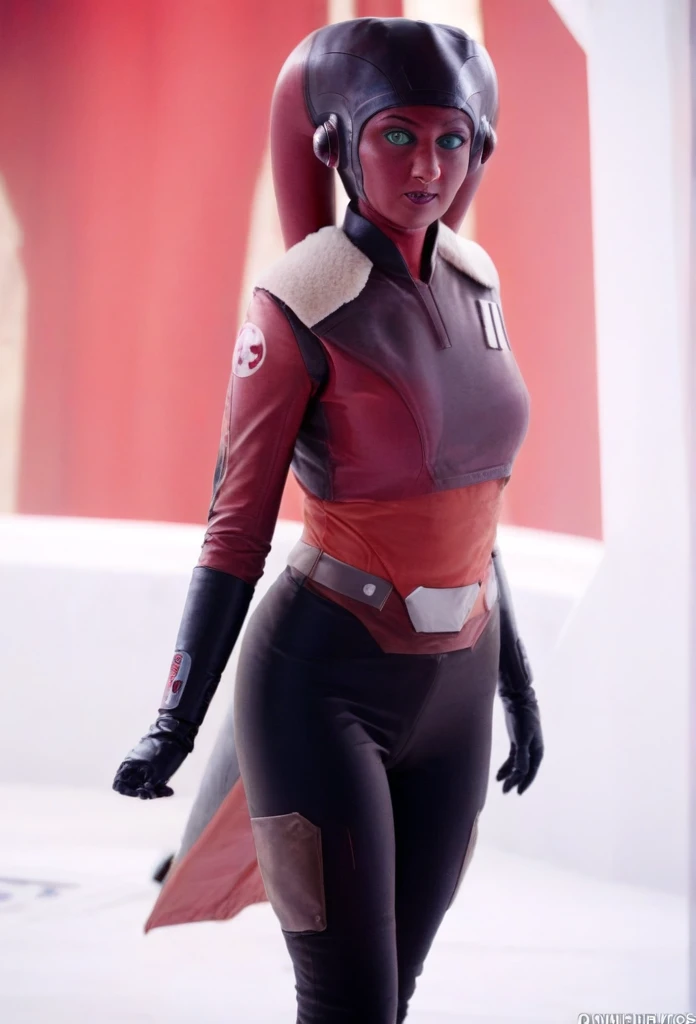 score_9, score_8_up, score_7_up, score_6_up, 2d, rating_questionable, rating_safe, BREAK ((green skin)) Female Twi'lek (((hera syndulla ))), helmet with red visor, star wars, armor,black gloves,tight bodysuit,black cape,black pants, close up, solo, standing, front view, medium breasts, wide hips, holding lightsaber, double edged, action pose, red blade, indoors, sith base, science fiction,