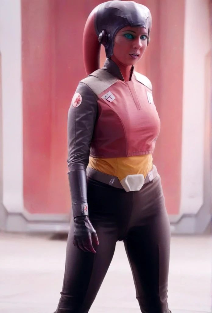 score_9, score_8_up, score_7_up, score_6_up, 2d, rating_questionable, rating_safe, BREAK ((green skin)) Female Twi'lek (((hera syndulla ))), helmet with red visor, star wars, armor,black gloves,tight bodysuit,black cape,black pants, close up, solo, standing, front view, medium breasts, wide hips, holding lightsaber, double edged, action pose, red blade, indoors, sith base, science fiction,